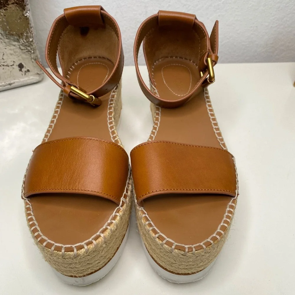 See by Chloe Glyn Calf‎ Leather Espadrille Platform Sandals Tan Size 8